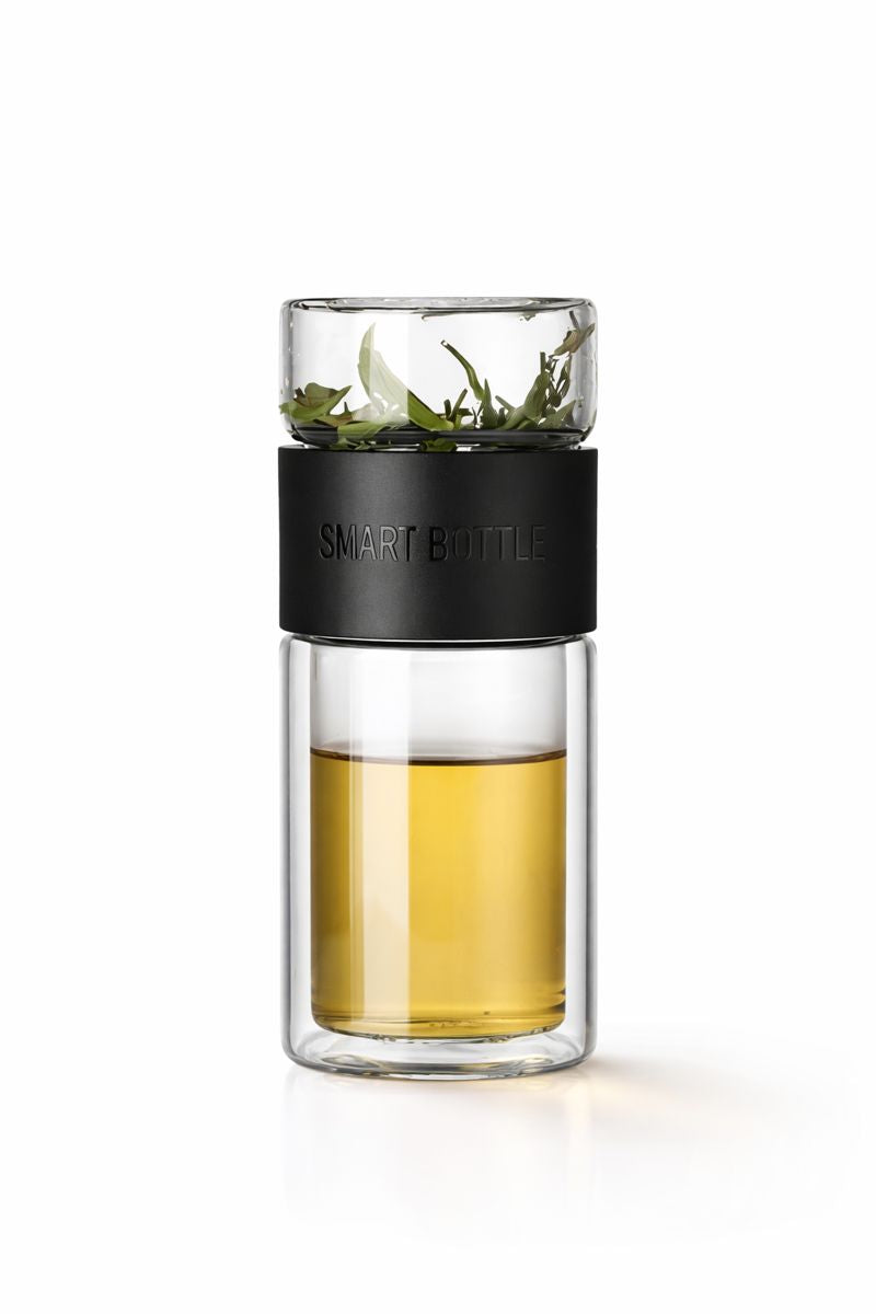 Premium Teeflasche aus Glas – Frischer Tee für unterwegs (schwarz) –