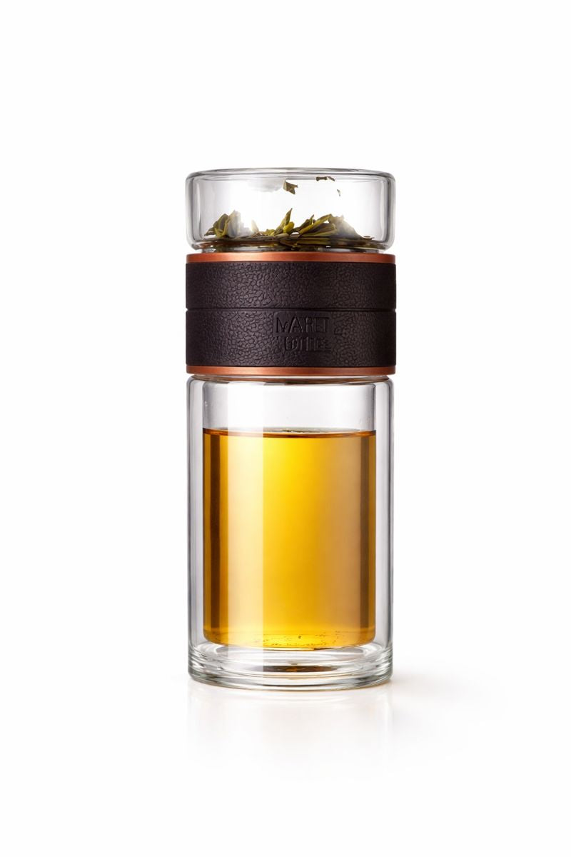 Premium Teeflasche aus Glas – Frischer Tee für unterwegs (Leder-Braun)