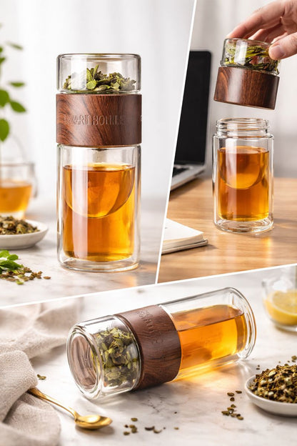 Premium Teeflasche aus Glas – Frischer Tee für unterwegs (Leder-Braun)