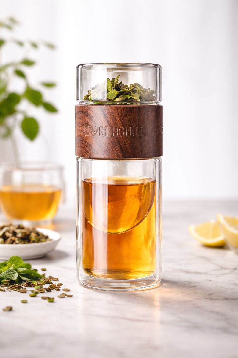 Premium Teeflasche aus Glas – Frischer Tee für unterwegs (Leder-Braun)