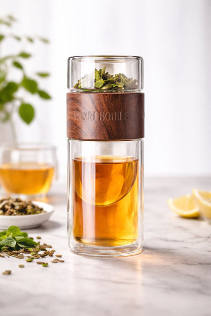 Premium Teeflasche aus Glas – Frischer Tee für unterwegs (Leder-Braun)