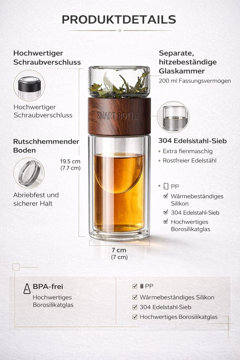 Premium Teeflasche aus Glas – Frischer Tee für unterwegs (Leder-Braun)