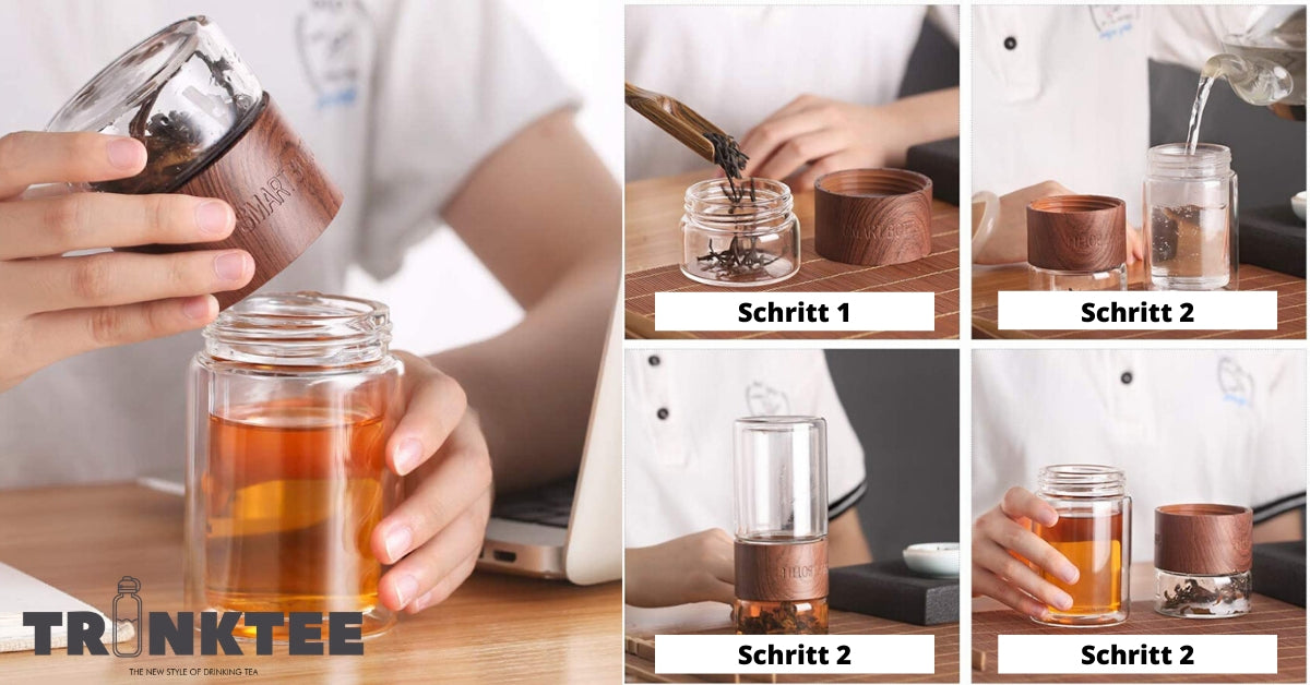 Premium Teeflasche aus Glas – Frischer Tee für unterwegs (Leder-Braun)