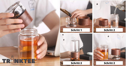 Premium Teeflasche aus Glas – Frischer Tee für unterwegs (Leder-Braun)