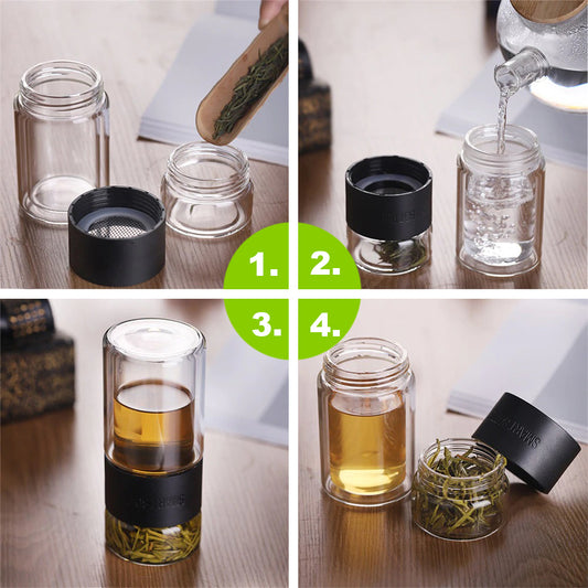 Premium Teeflasche aus Glas – Frischer Tee für unterwegs (Leder-Braun)